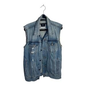 BDG Denim Vest Women M Blue Distressed Raw Edge Button Front Trucker Style